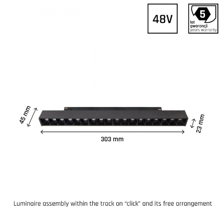 SYSTEM SHIFT - GRID M oprawa na szynoprzewód 303x23x42mm 17W 35st czarny 5 lat gw. wymiary