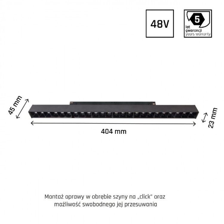 SYSTEM SHIFT - GRID L oprawa na szynoprzewód 404x23x42mm 22W 35st czarny 5 lat gw. wymiary