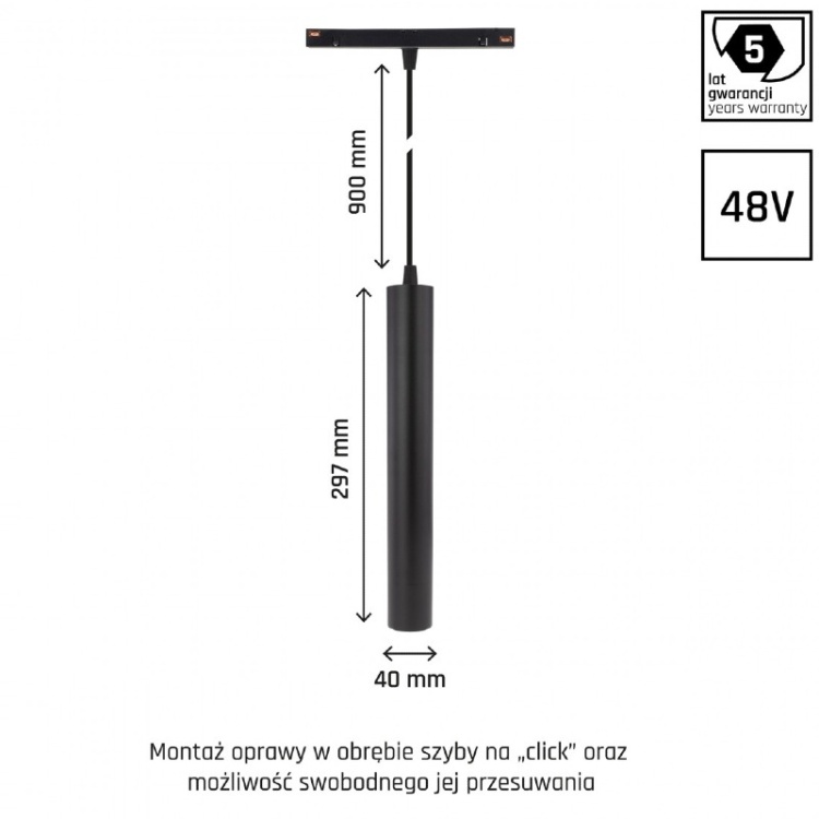 SYSTEM SHIFT - HANGIT oprawa zwis na szynoprzewód 40x297 (935mm kabel) 12W 25st czarny 5 lat gw. wymiary