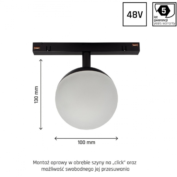 SYSTEM SHIFT - GLOBE oprawa kula na szynoprzewód 100x148mm 5W 165st czarna 5 lat gw. wymiary