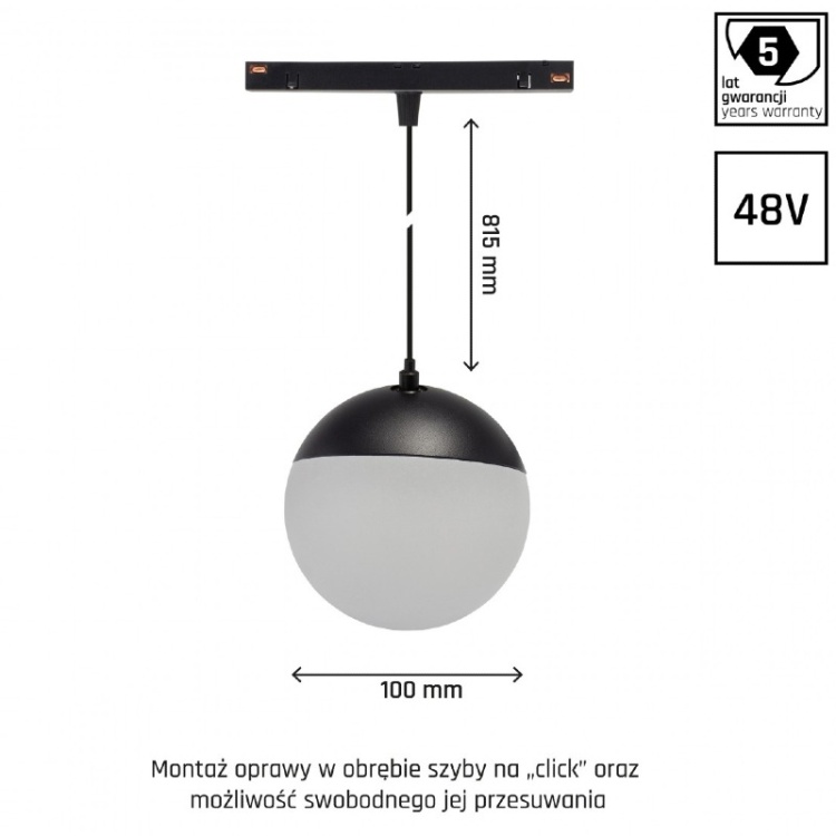 SYSTEM SHIFT - GLOBE P oprawa kula zwis na szynoprzewód 100 (850mm kabel) 5W 165st czarna 5 lat gw. wymiary