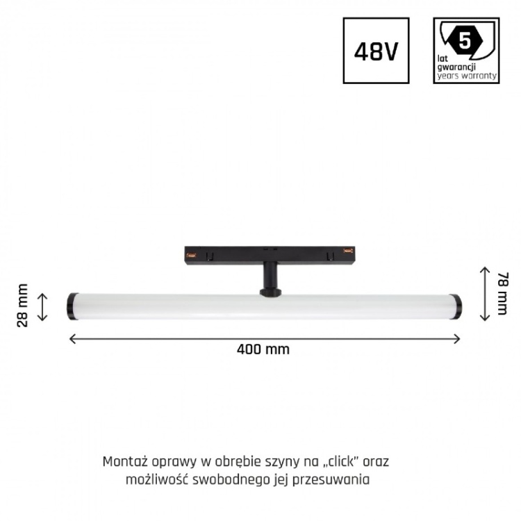 SYSTEM SHIFT - BEAM oprawa na szynoprzewód 28x400x75mm 12W 150st czarny 5 lat gw. wymiary