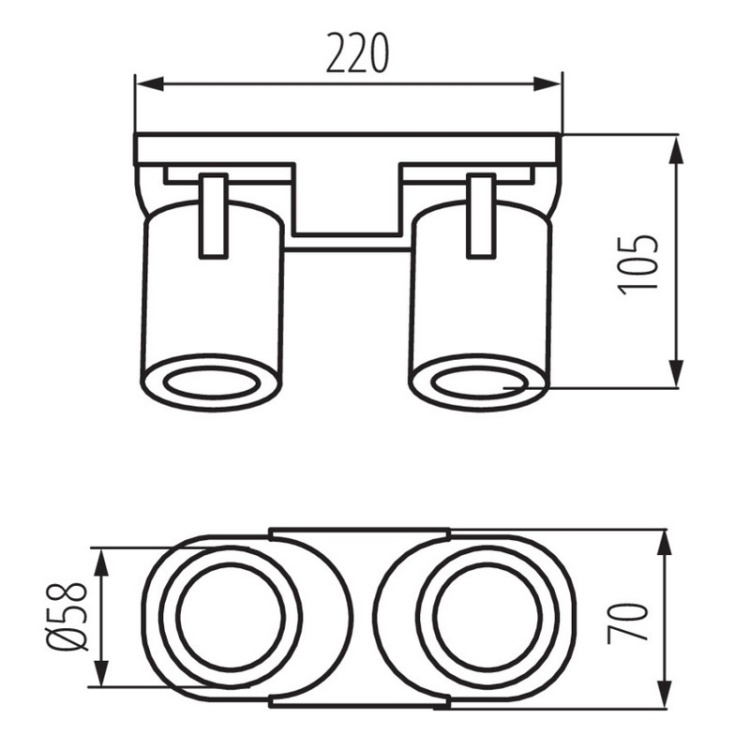 Oprawa ścienno-sufitowa LAURIN EL-2I GU10 2-punktowa czarna/złota Kanlux 38961 wymiary