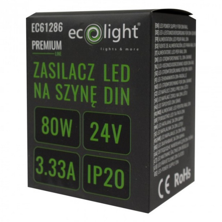 Zasilacz na szynę DIN PREMIUM 24V 80W Ecolight EC61286 opakowaniem