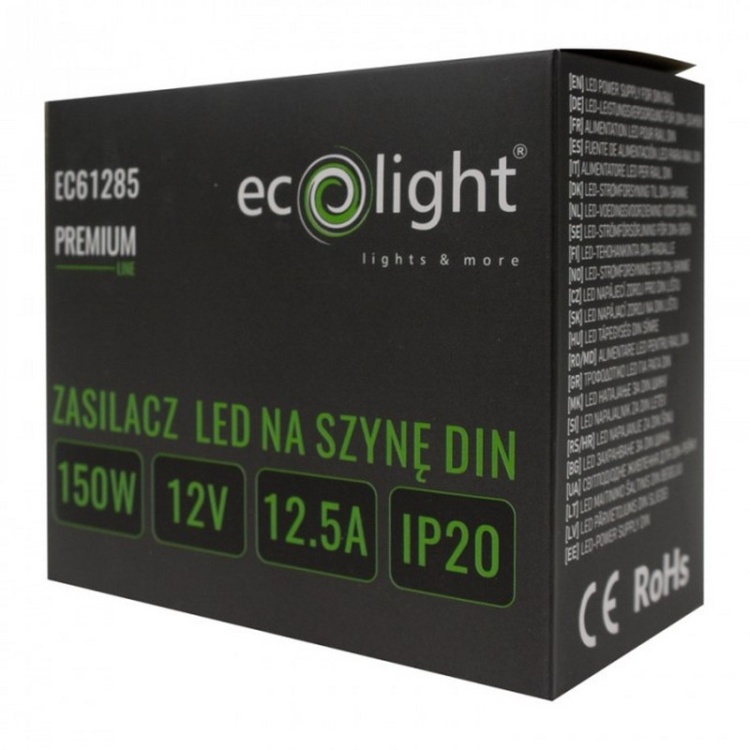 Zasilacz na szynę DIN PREMIUM 12V 150W Ecolight EC61285 opakowanie