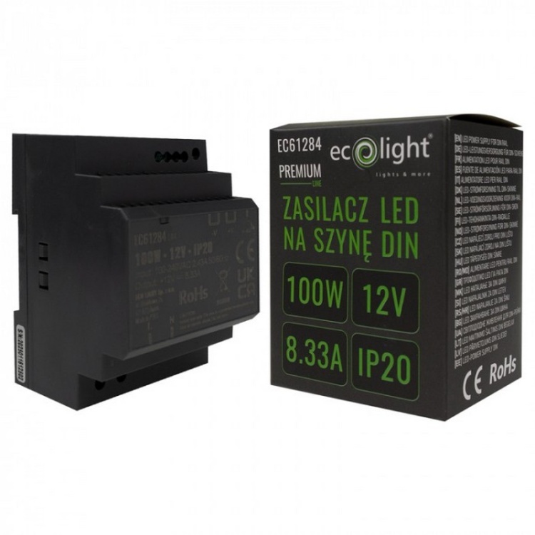 Zasilacz na szynę DIN PREMIUM 12V 100W Ecolight EC61284 z opakowaniem