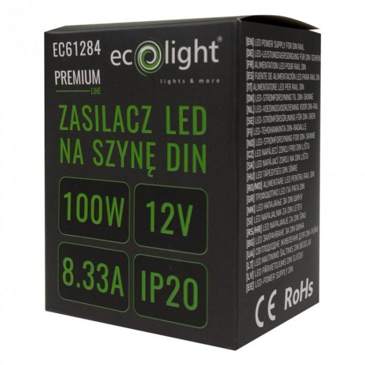 Zasilacz na szynę DIN PREMIUM 12V 100W Ecolight EC61284 opakowanie
