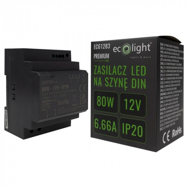 Zasilacz na szynę DIN PREMIUM 12V 80W Ecolight EC61283 z opakowaniem