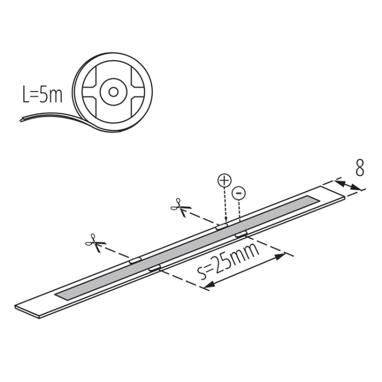 Taśma LED STRIP LCOB 12V 8W/1m biała zimna 6500K 5m 800lm/1m IP00 Kanlux 38909 wymiary
