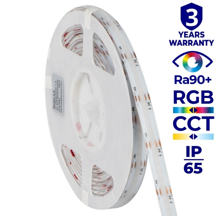 Taśma LED LCOB 24V 21W/1m RGBCCT 3000-6100K 5m 680lm/1m CRI90+ IP65 Kanlux 38916 infografiki