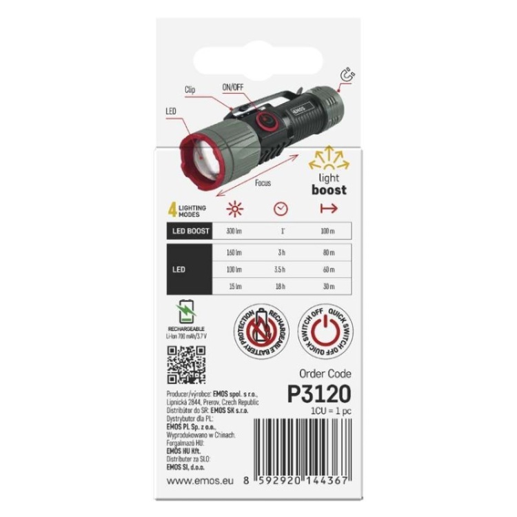 Latarka metalowa LED 300 lm, 700 mAh, ładowalna