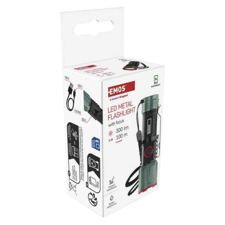 Latarka metalowa LED 300 lm, 700 mAh, ładowalna