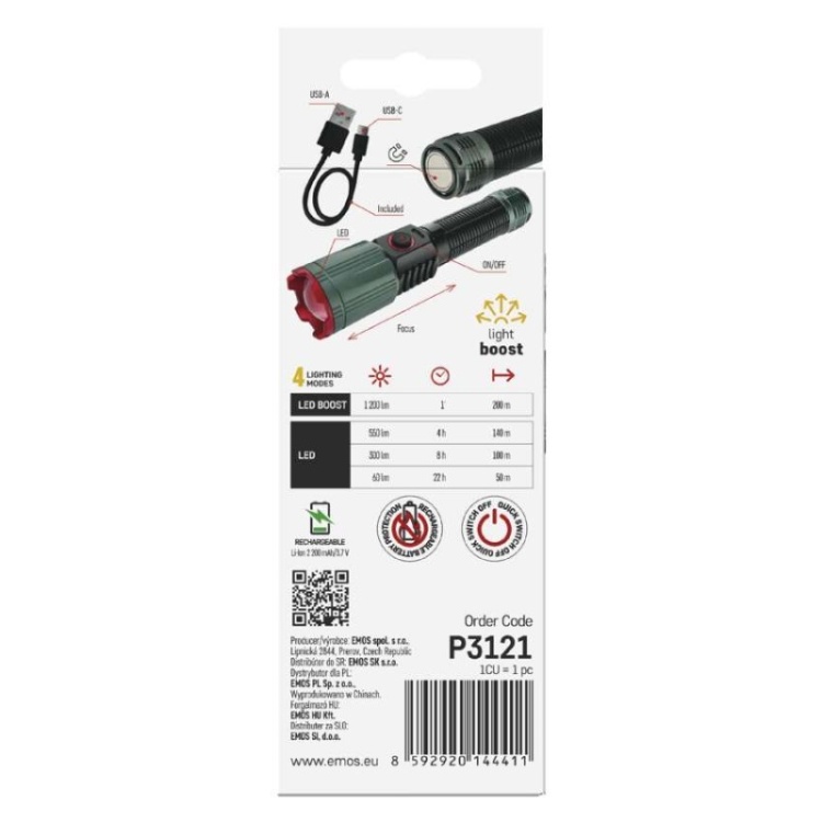 Latarka metalowa LED 1200 lm, 2200 mAh, ładowalna