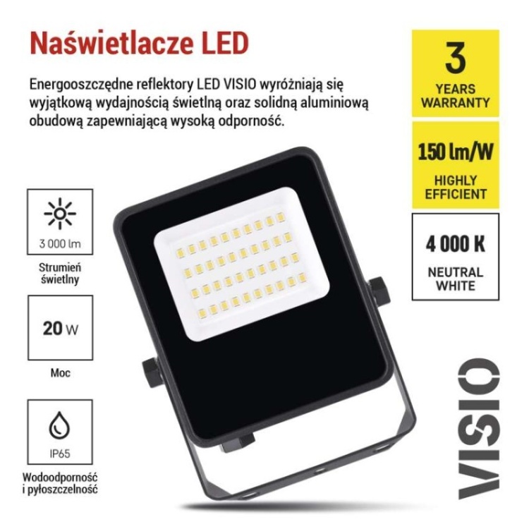 Naświetlacz LED VISIO 20W czarny neutralna biel prezentacja