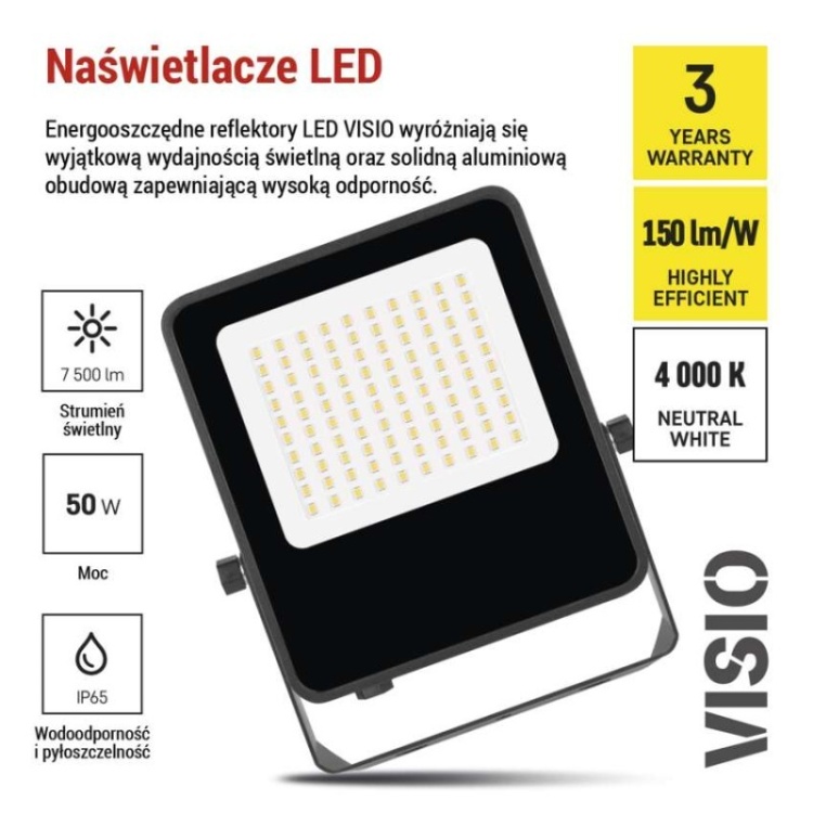Naświetlacz LED VISIO 50 W czarny neutralna biel prezentacja