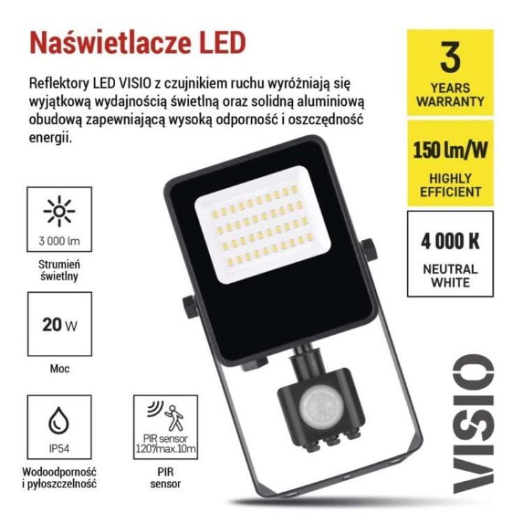 Naświetlacz LED VISIO z czujnikiem PIR 20W, neutralna biel prezentacja
