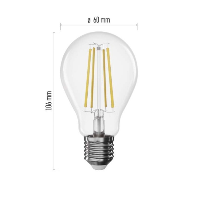 Żarówka E27 LED filament A60 7.5W=75W biała ciepła 2700K 1055lm ściemnialna EMOS wymiary