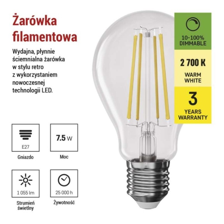 Żarówka E27 LED filament A60 7.5W=75W biała ciepła 2700K 1055lm ściemnialna EMOS