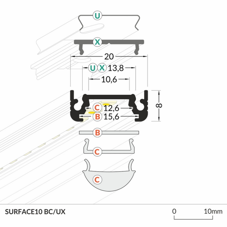 Profil led SURFACE10 biały, klosz transparentny odcinki: 1m, 2m Topmet wymiary