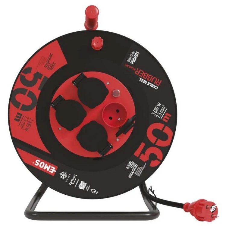 Przedłużacz zwijany gumowy P084503 4 gniazda 3×2,5 mm² 50m IP44 EMOS front