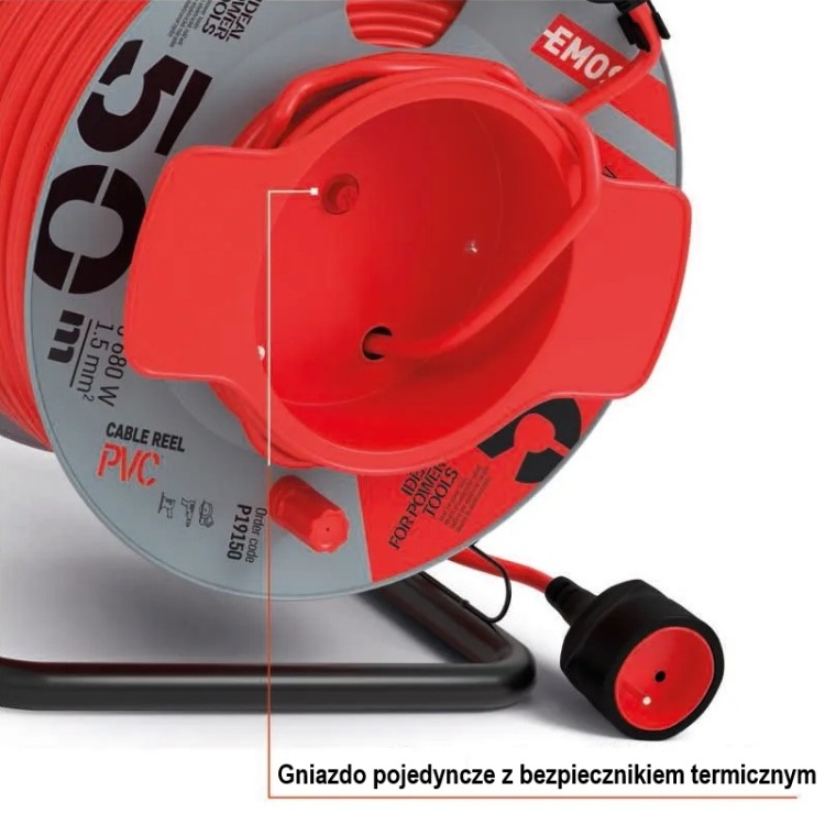Przedłużacz zwijany P19150 1 gniazdo 3x1,5 50m EMOS Gniazdo pojedyncze z bezpiecznikiem termicznym