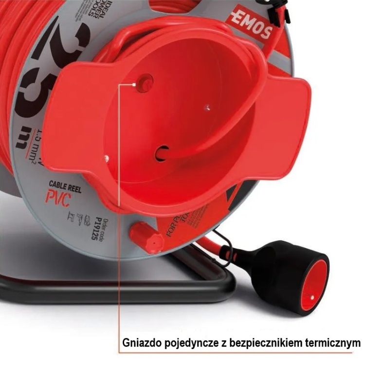 Przedłużacz zwijany P19125 1 gniazdo 3×1,5 mm² 25m EMOS Gniazdo pojedyncze z bezpiecznikiem termicznym
