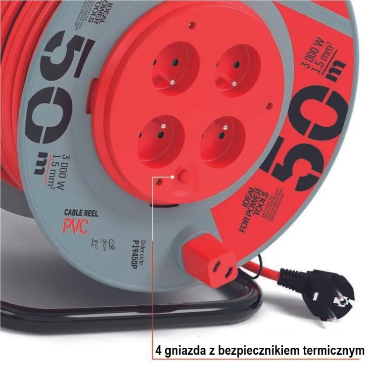 Przedłużacz zwijany 4 gniazda P19450P 3×1,5 mm² 50m IP20 EMOS 4 gniazda z bezpiecznikiem termiczny