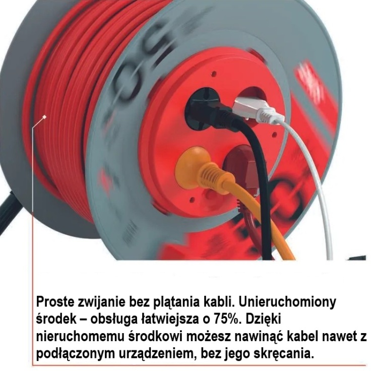 Przedłużacz zwijany 4 gniazda P19450P 3×1,5 mm² 50m IP20 EMOS proste zwijanie bez plątania kabli