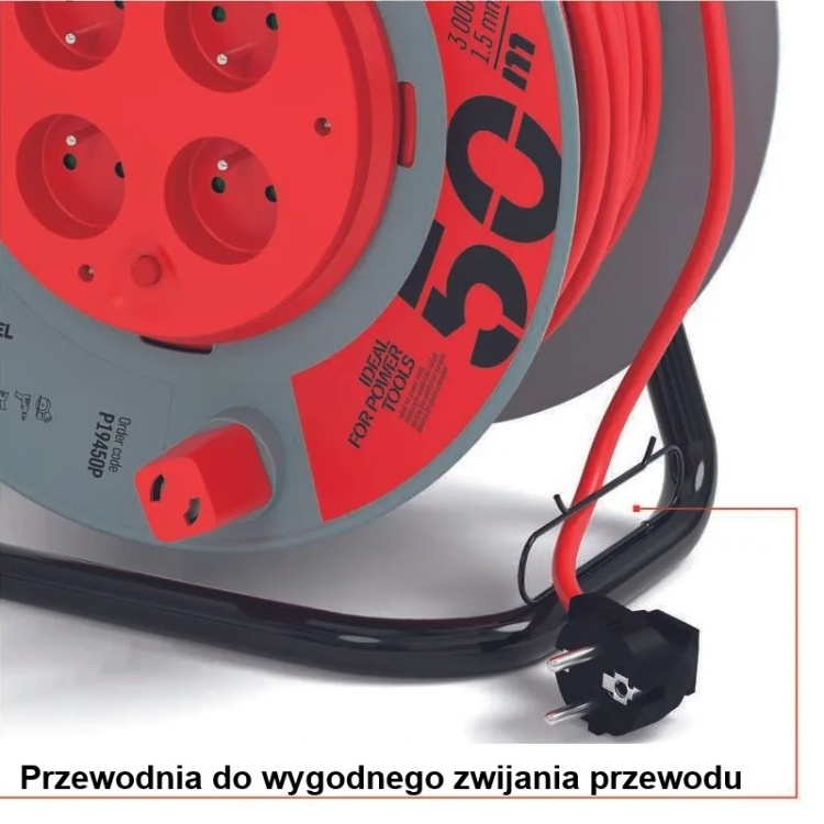 Przedłużacz zwijany 4 gniazda P19450P 3×1,5 mm² 50m IP20 EMOS Pętla prowadząca do łatwego nawijania kabla
