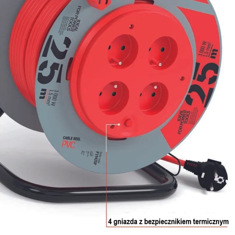 Przedłużacz zwijany P19425P 4 gniazda 3×1,5 mm² 25m EMOS 4 gniazda z bezpiecznikiem termiczny