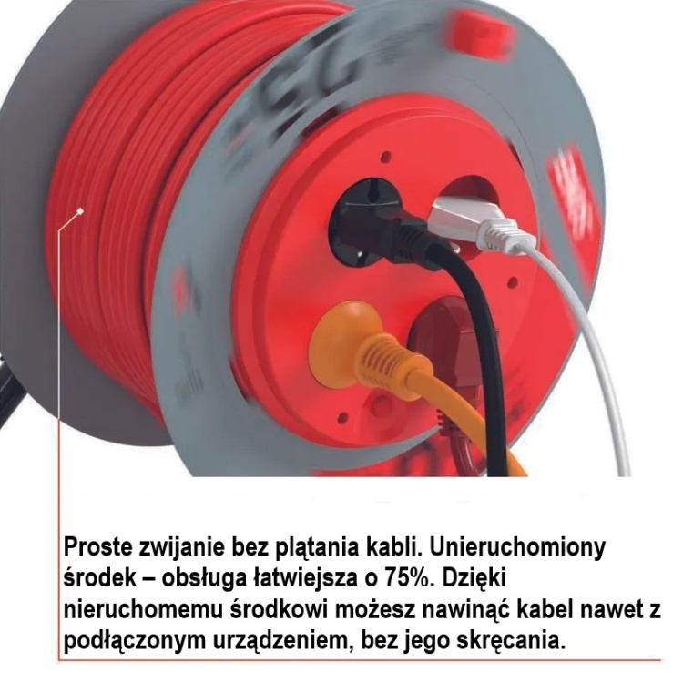 Przedłużacz zwijany P19425P 4 gniazda 3×1,5 mm² 25m EMOS proste zwijanie bez plątania kabli.