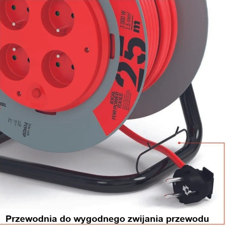 Przedłużacz zwijany P19425P 4 gniazda 3×1,5 mm² 25m EMOS pętla prowadząca do łatwego nawijania kabla