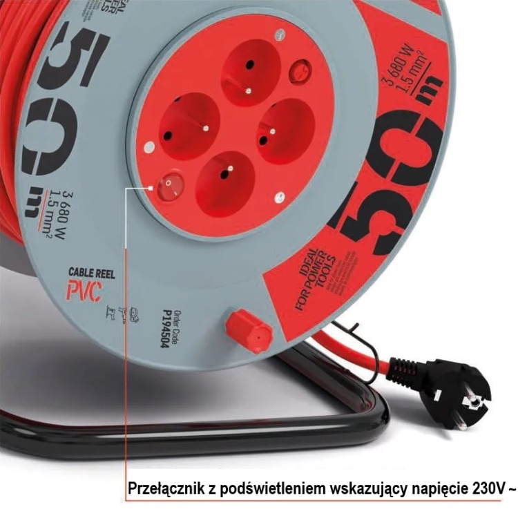 Przedłużacz bębnowy zwijany P194504 4 gniazda 3×1,5 mm² 50m z wyłącznikiem EMOS