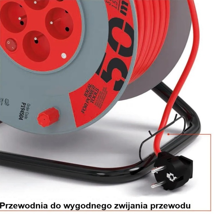 Przedłużacz bębnowy zwijany P194504 4 gniazda 3×1,5 mm² 50m z wyłącznikiem EMOS pętla prowadząca do łatwego nawijania kabla