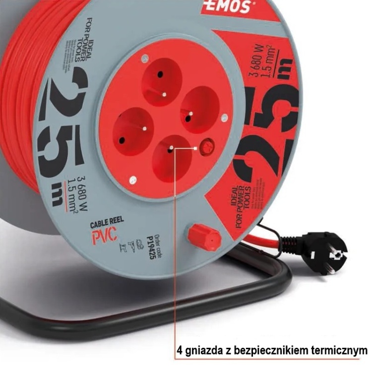 Przedłużacz bębnowy zwijany P19425 4 gniazda 3×1,5 mm² 25m EMOS 4 gniazda z bezpiecznikiem termiczny