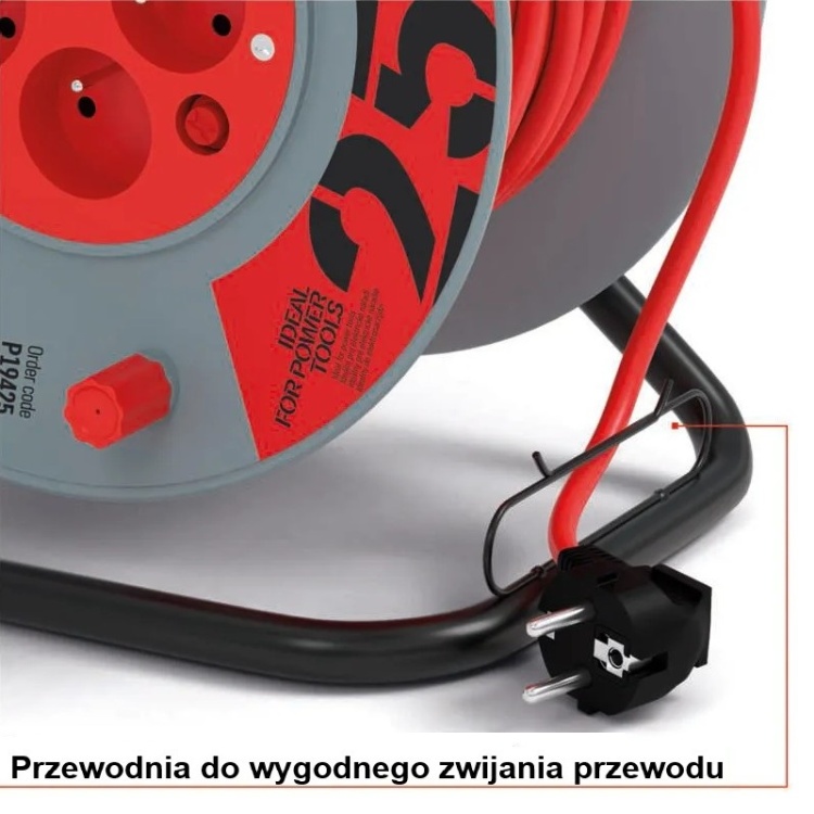 Przedłużacz bębnowy zwijany P19425 4 gniazda 3×1,5 mm² 25m EMOS pętla prowadząca do łatwego nawijania kabla