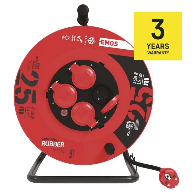 Przedłużacz zwijany gumowy P084251 4 gniazda 3×1,5 mm² 25m IP44 EMOS 3 lata gwarancji