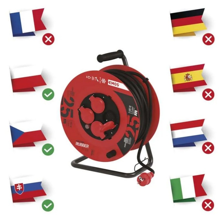 Przedłużacz zwijany gumowy P084251 4 gniazda 3×1,5 mm² 25m IP44 EMOS uniwersalność gniazd