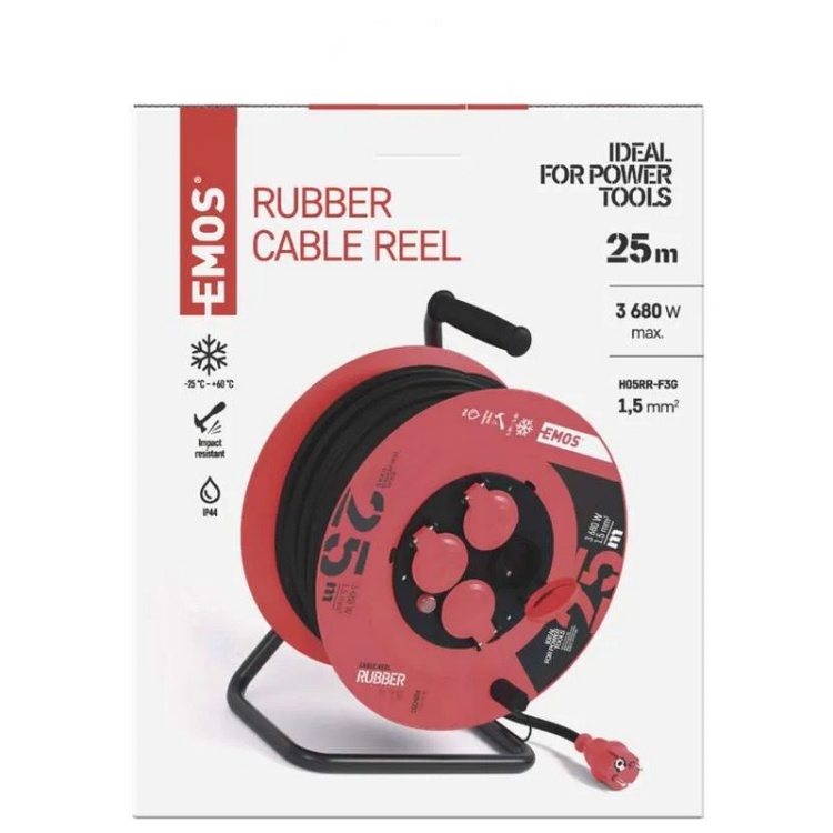 Przedłużacz zwijany gumowy P084251 4 gniazda 3×1,5 mm² 25m IP44 EMOS opakwoanie front