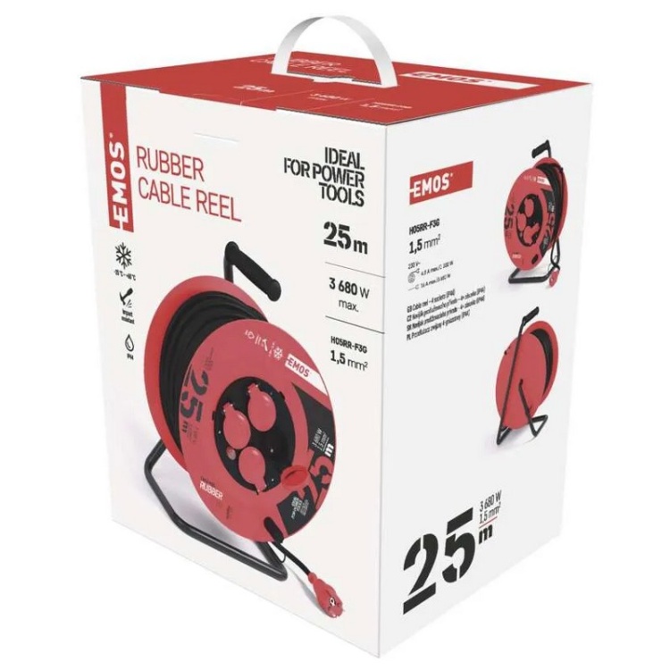 Przedłużacz zwijany gumowy P084251 4 gniazda 3×1,5 mm² 25m IP44 EMOS opakowanie