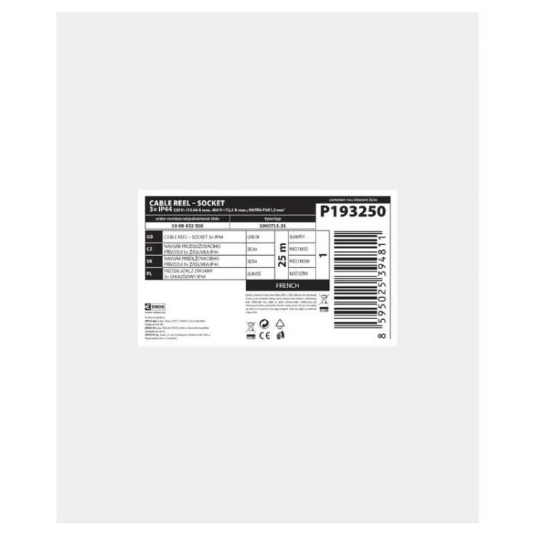 Przedłużacz siłowy gumowy P193250 3 gniazda 5×1,5 mm² 25m IP44 EMOS opakowanie front