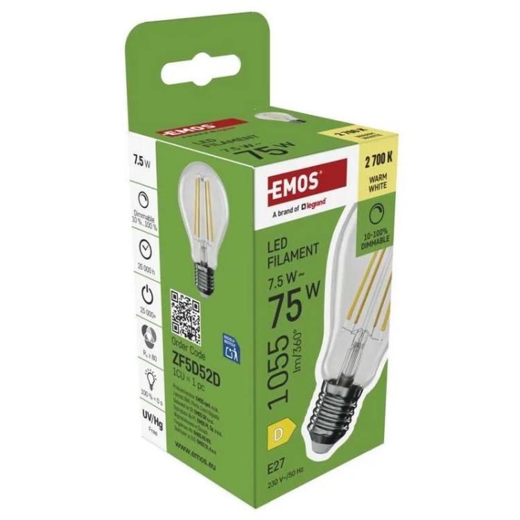 Żarówka E27 LED filament A60 7.5W=75W biała ciepła 2700K 1055lm ściemnialna EMOS bok