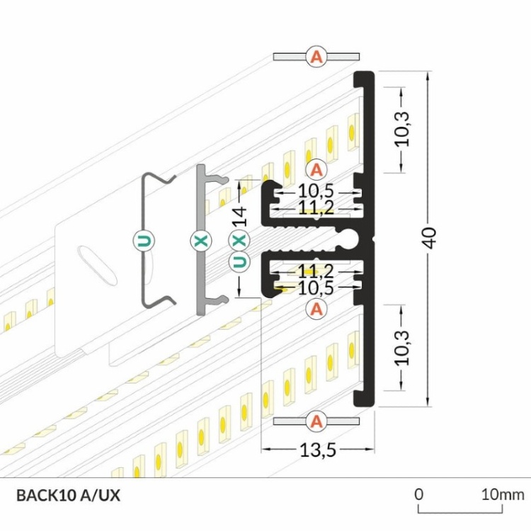 Profil led BACK10 anodowany odcinki: 1m, 2m Topmet wymiary