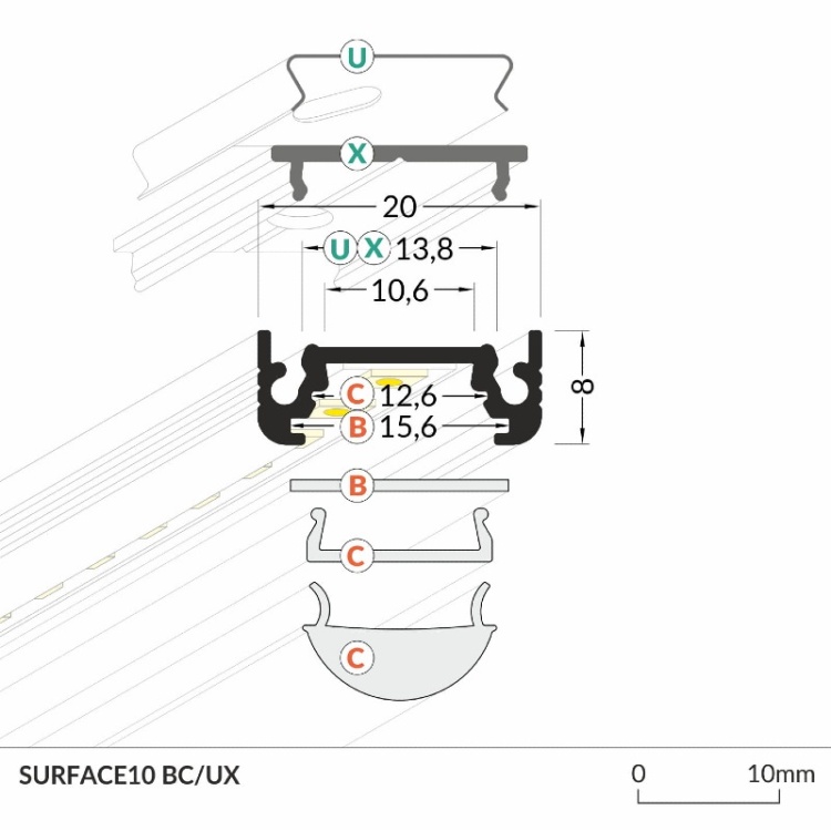Profil LED SURFACE10 biały odcinki 1m i 2m TOPMET wymiary
