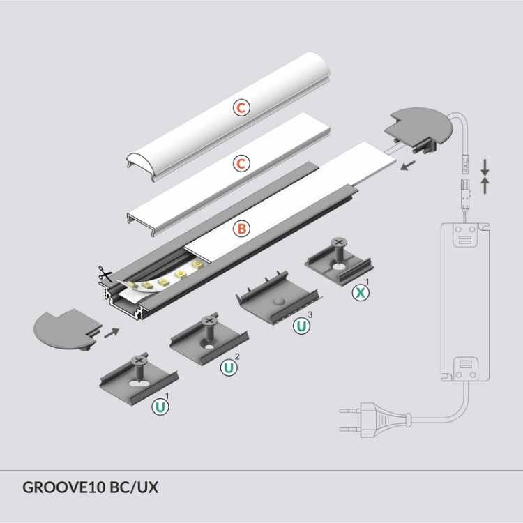 Profil LED GROOVE10 srebrny anodowany odcinki: 1m, 2m Topmet schemat