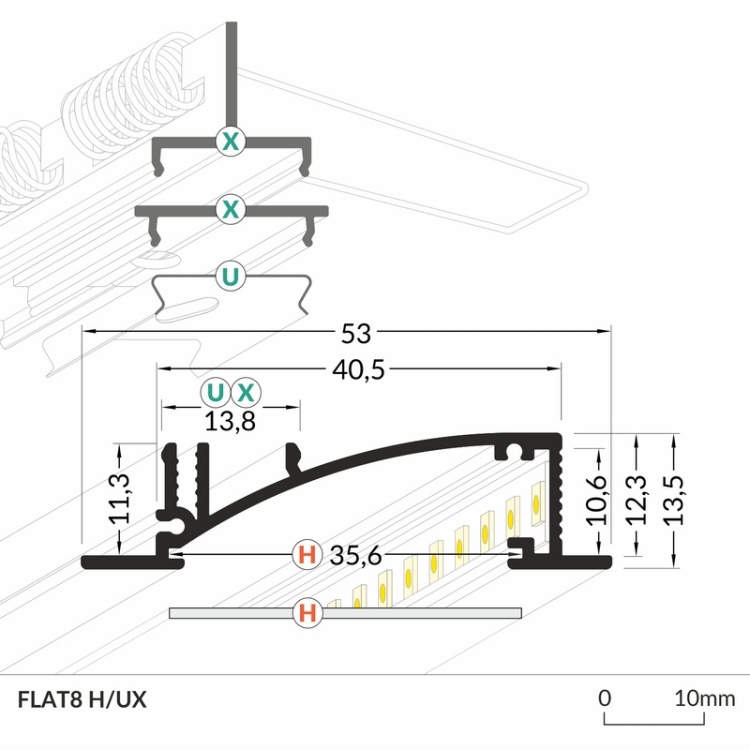 Profil LED FLAT8 srebrny anodowany odcinki: 1m, 2m Topmet wymiary