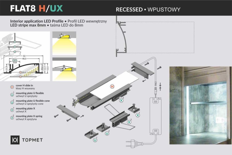 Profil LED FLAT8 srebrny anodowany odcinki: 1m, 2m Topmet opis serii