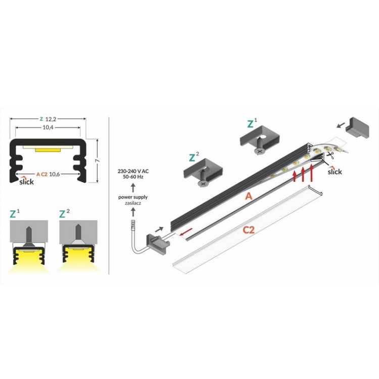 Profil LED SLIM8 srebrny anodowany odcinki: 1m, 2m Topmet rysunek