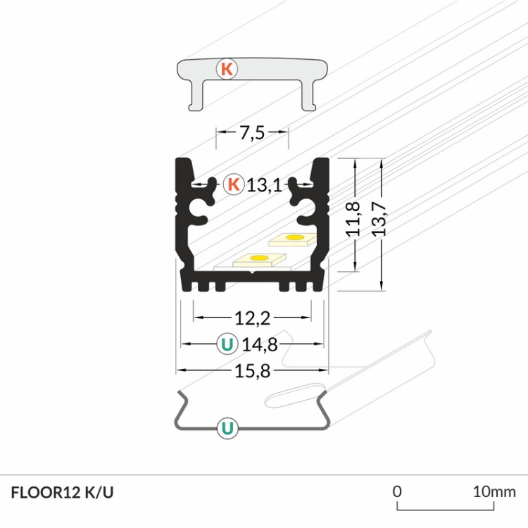 Profil LED FLOOR12 srebrny anodowany odcinki: 1m, 2m Topmet wymiary