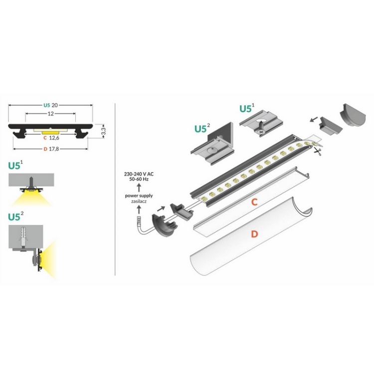 Uchwyt mocujący U5 sprężysty CONE do profilu led inox Topmet schemat